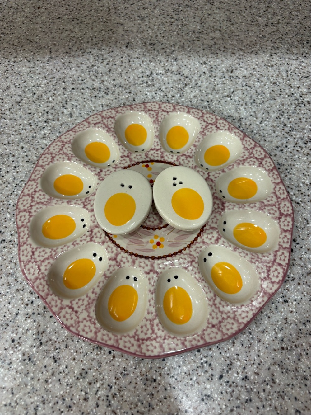 Temp-tations ceramic glazed divided floral deviled egg plate 11in w/ shakers